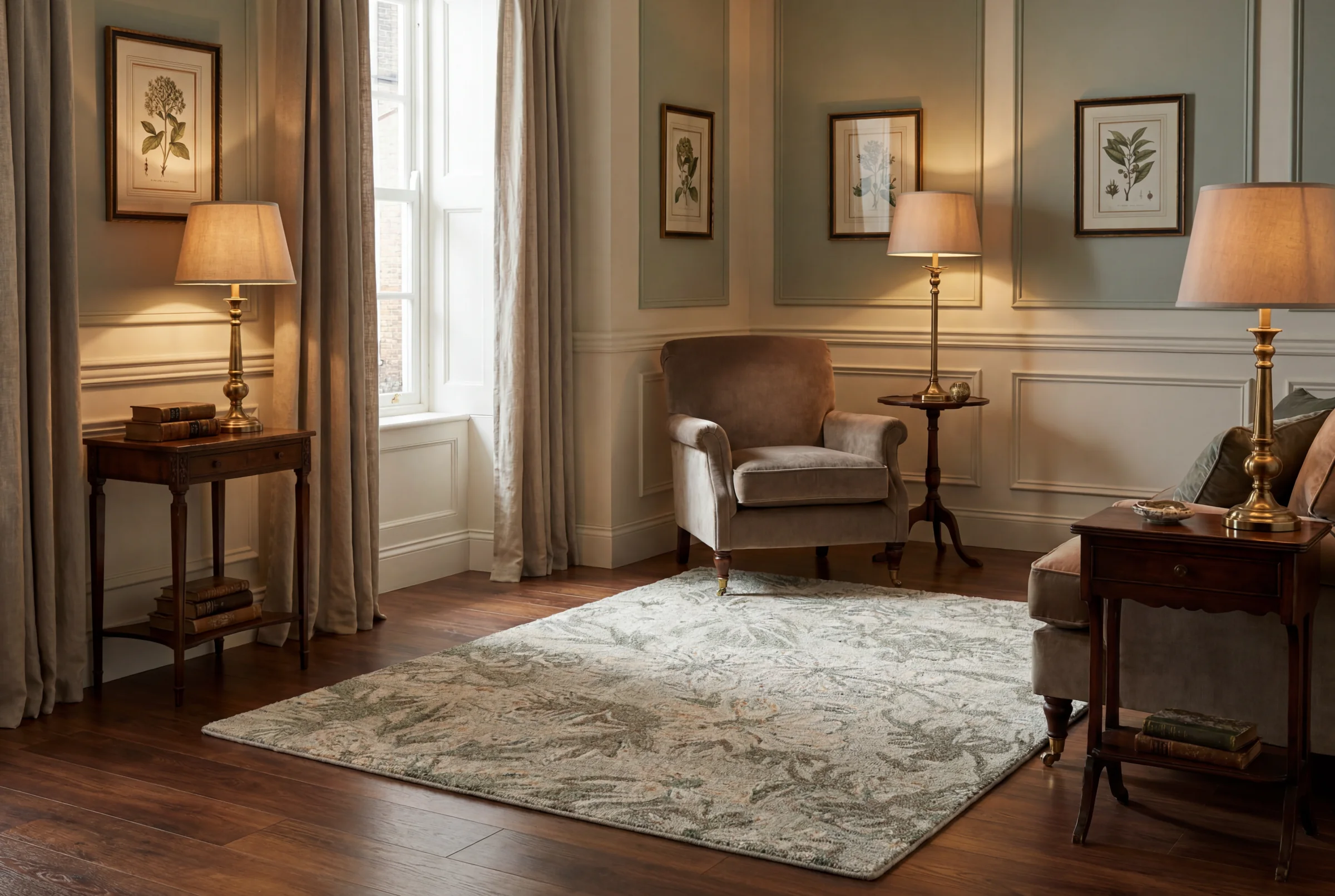 A hand-tufted Floréa rug styled in a warm sitting room