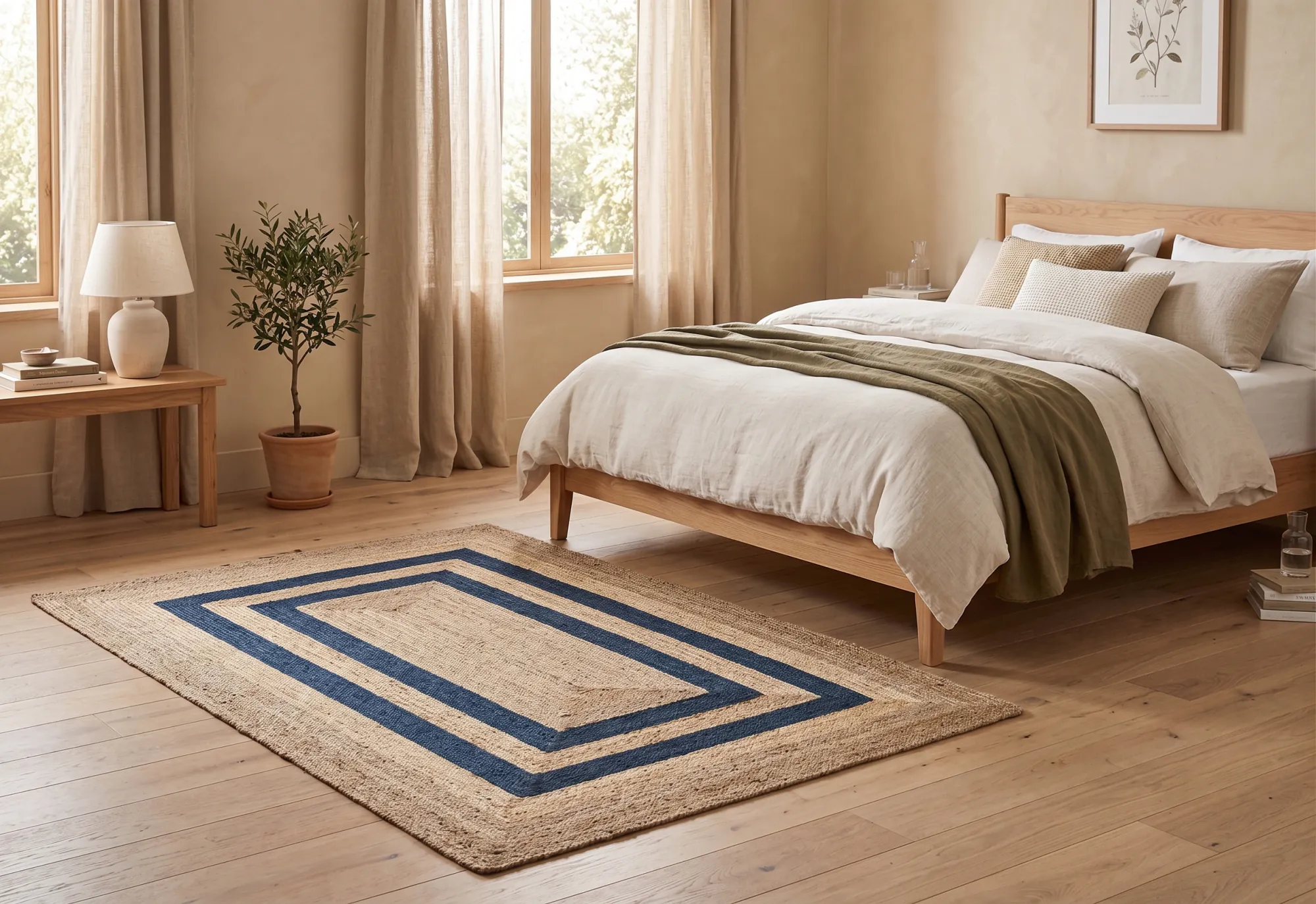 Indigo, a hand-woven natural jute rug by Exellica Home