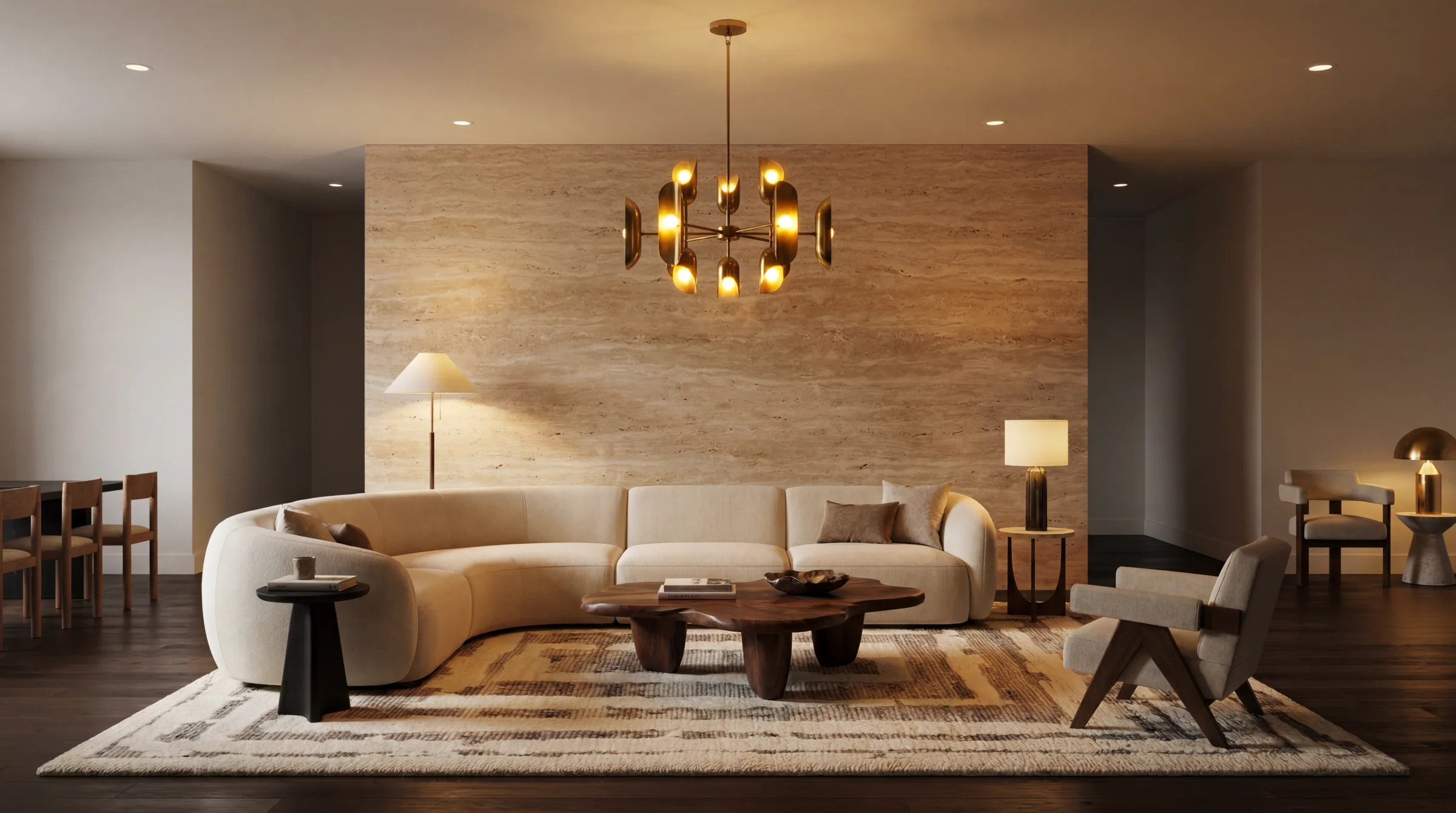 A hand-knotted Miraan wool rug styled in a modern living room